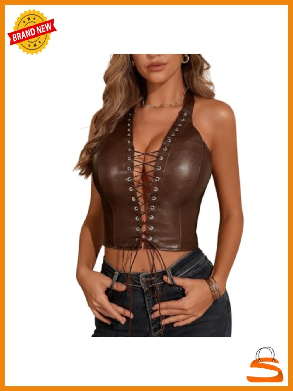PU Leather Halter Top Lace Up Front Crop Tank Top Sleeveless Backless Corset